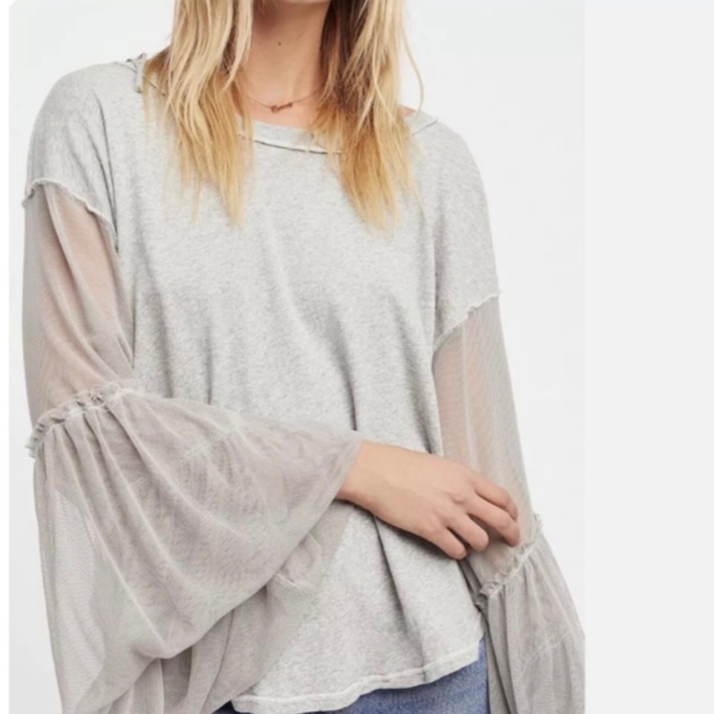 Free People Light Gray Mesh Sleeve Short Sleeve Top